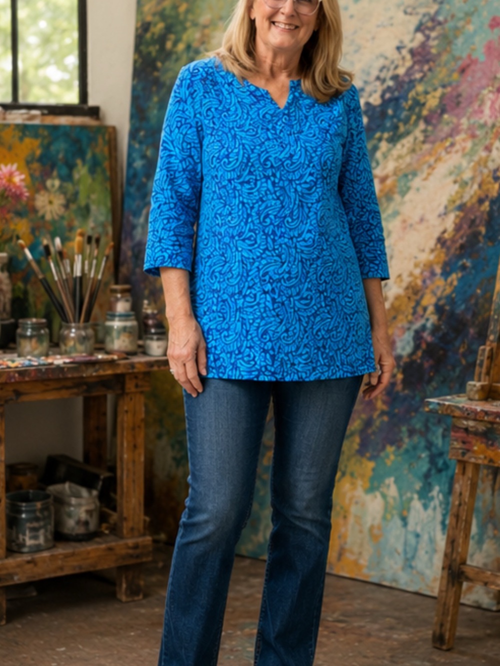 Vibrant Blue Paisley-Print V-Notch Tunic